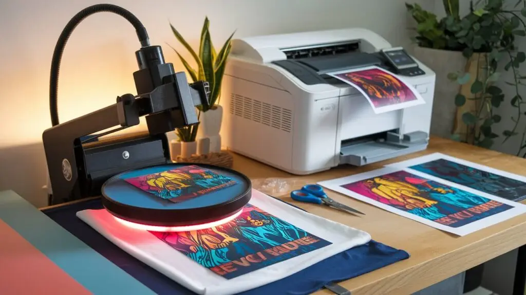 Workspace with a black heat press machine, a white printer, t-shirts, and printed designs ready for fabric printing.