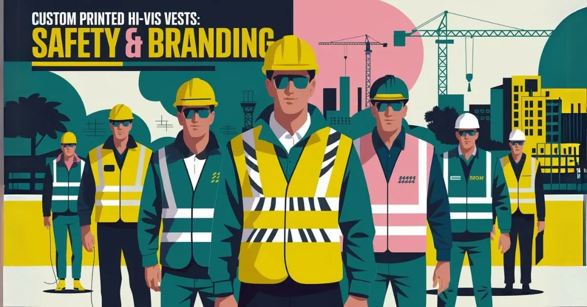 Illustrated image of five diverse construction workers wearing printed hi vis vests in yellow, pink, and green, standing at a construction site with cranes and buildings in the background.