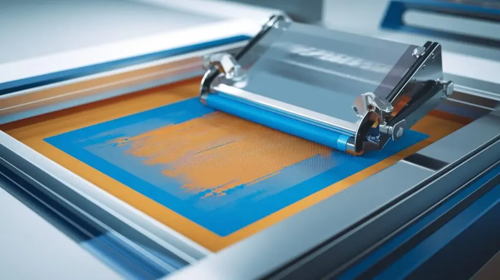Close-up of screen fabric used in screen printing, showing ink passing through a silk screen for a crisp, high-quality fabric print.